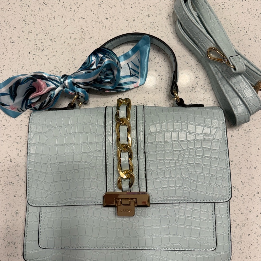 Aldo Light Blue Croc-Embossed Chain Accent Crossbody